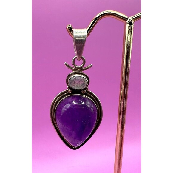 Artisan Amethyst Moonstone Sterling Pendant Pear Shaped Cabachon Faceted Stamped - Picture 1 of 7